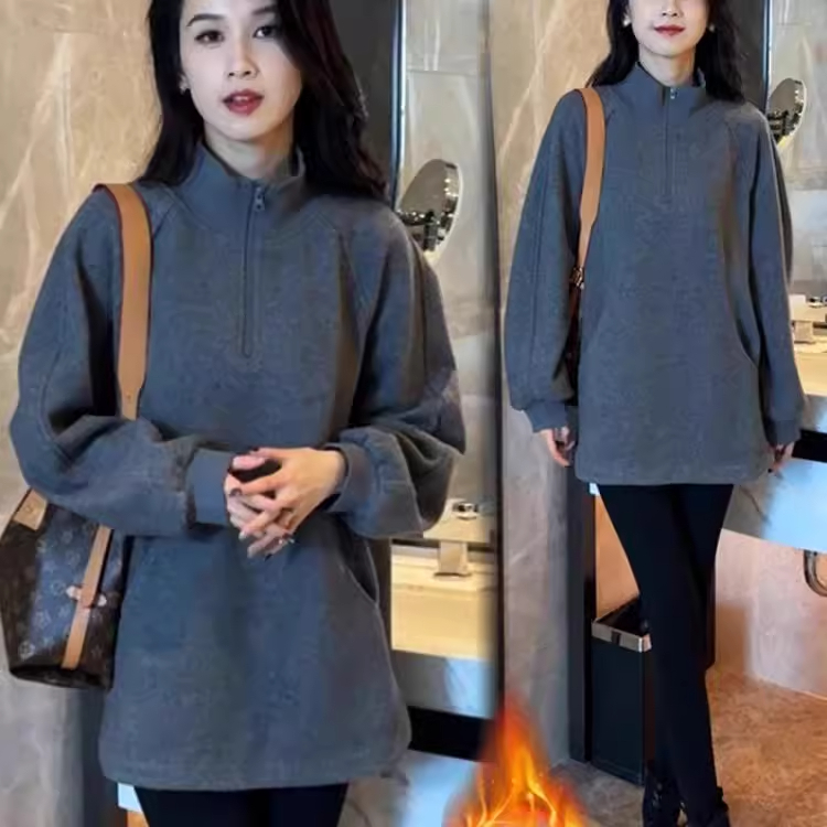 灰色立领加绒卫衣女新款2025爆款时尚洋气美式复古中长款打底上衣