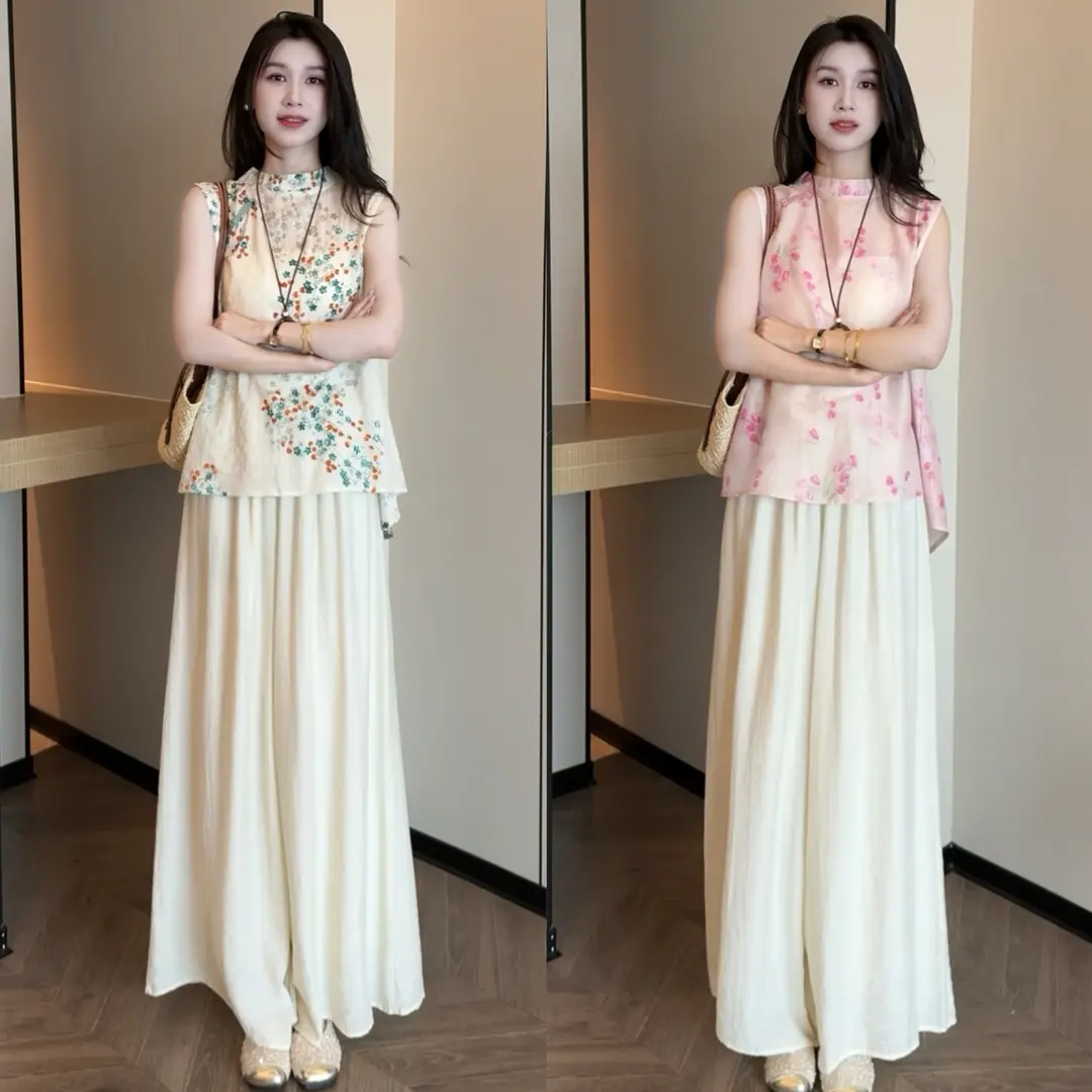 新中式防晒套装女夏季新款苎麻无袖印花上衣+阔腿裤气质两件套潮