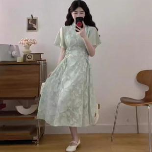 大码新中式盘扣改良旗袍裙高级感国风连衣裙女装夏季胖MM显瘦裙子