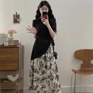 大码胖mm夏季水墨画新中式拼接高级感连衣裙绑带收腰显瘦中长裙女