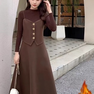 秋冬法式 胖妹妹显瘦穿搭假两件加绒裙子 小香风气质名媛连衣裙大码