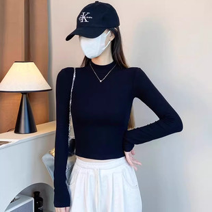 黑色半高领打底衫女2025新款春秋短款内搭长袖t恤中领加绒上衣潮