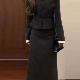 小香风套装 赫本风加绒外套包臀半身裙两件套 裙韩系搭配一整套秋装