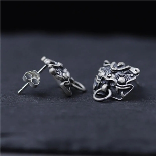 复古神话银色门神龙子饕餮耳钉 女潮男狮子门环耳钉耳环时尚耳饰