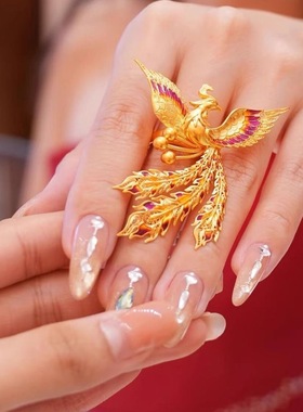 古法镀金工艺凤舞九天戒指新中式宫廷风渐变珐琅彩点羽凤凰女戒