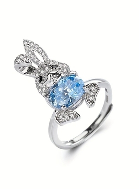 小众海蓝通透锆石指环可爱兔子戒