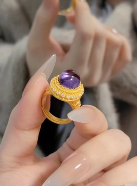 2026雍容华贵繁花宝石黄金色戒指法式轻奢小众设计款复古宫廷指环