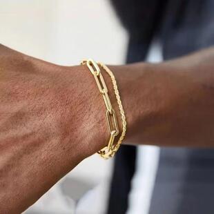 欧美ins风黄金色男士手链 个性嘻哈两件套手链回形针链麻花手链
