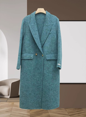 孔雀蓝双面羊绒大衣西装领直筒加长款过膝双面羊毛呢大衣修身外套