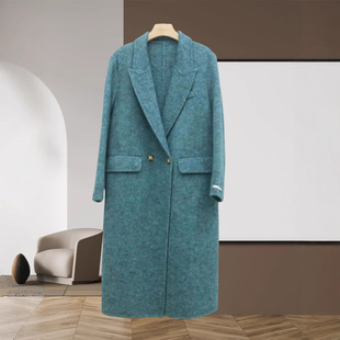 孔雀蓝双面羊绒大衣西装领直筒加长款过膝双面羊毛呢大衣修身外套
