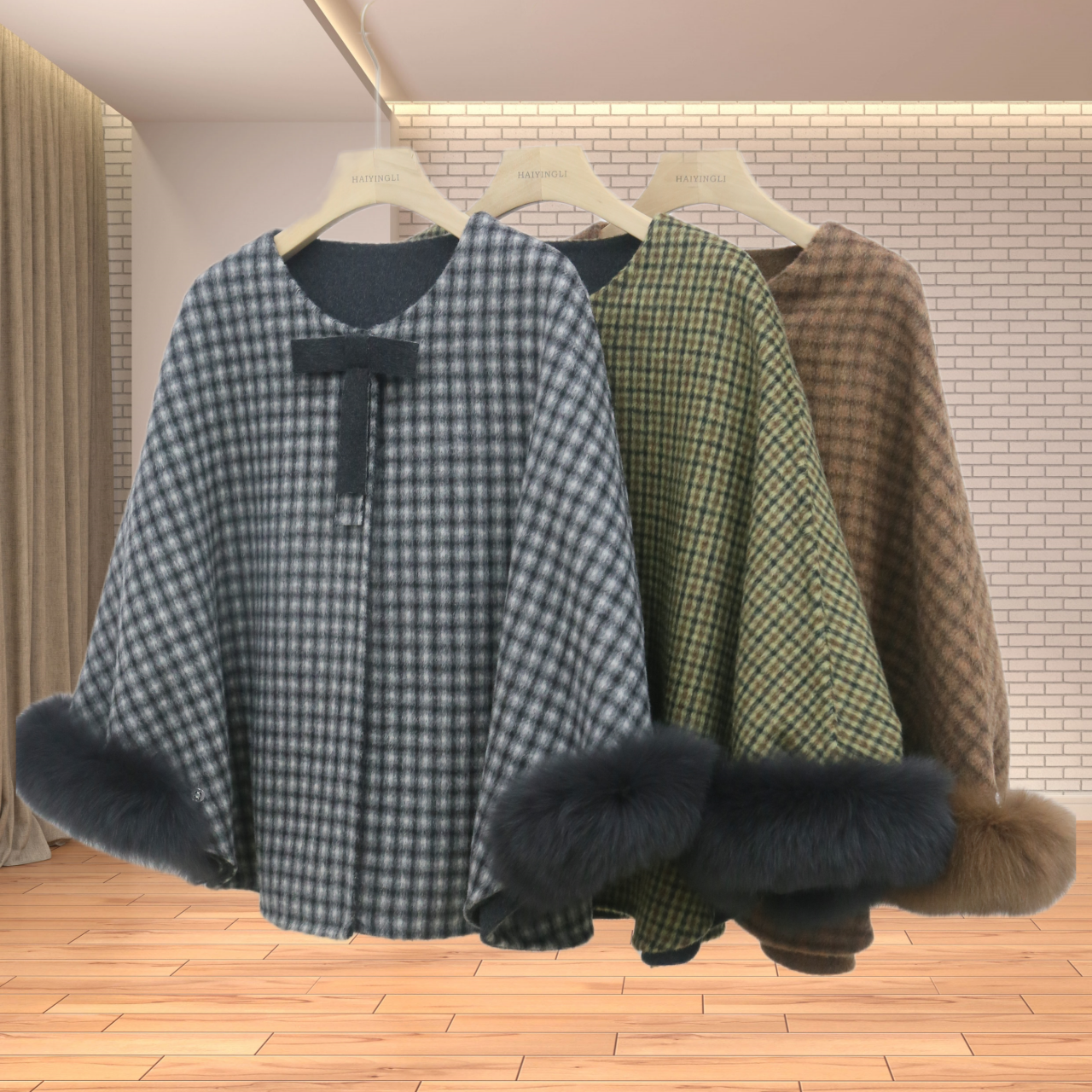 秋冬新款 圆领格子斗篷 双面尼羊毛外套可拆卸狐狸毛袖圈时尚上衣