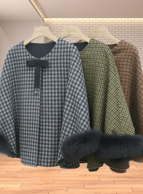 秋冬新款 圆领格子斗篷 双面尼羊毛外套可拆卸狐狸毛袖圈时尚上衣