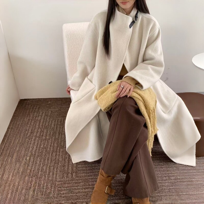 轻奢通勤双面呢羊毛大衣女 含羊绒混纺 皮扣立领宽松长款毛呢外套
