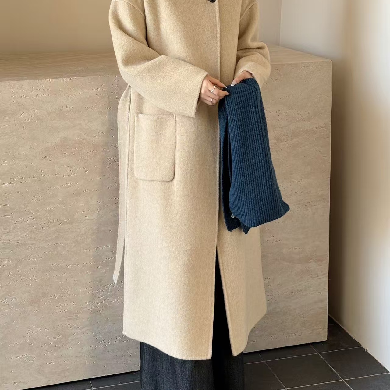 通勤单排扣大衣女经典立领超长款