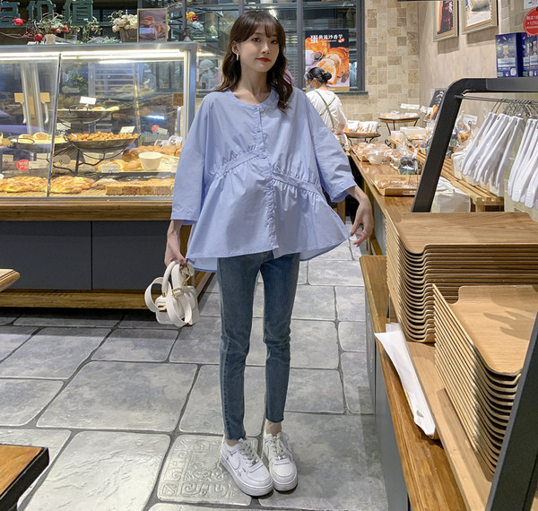 출산 봄 정장 여성용 패셔너블한 얇은 봄 가을 루즈한 불규칙 인형 셔츠 상의 트렌디한 엄마를 위한 투피스 세트