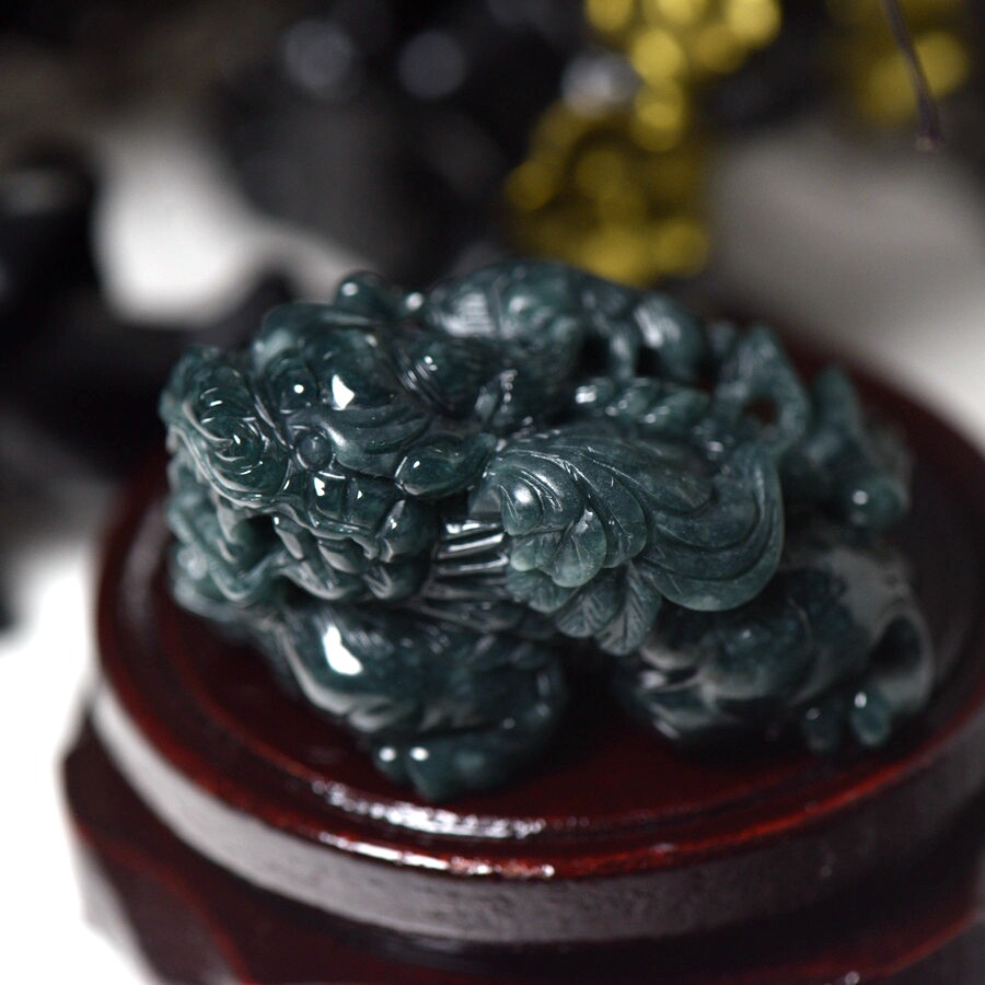 天然翡翠A货玉石飞天貔貅摆件把件玉器霸气深蓝绿色貔貅摆件带证
