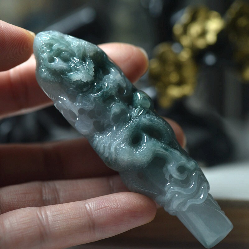 翡翠飘花玉石龙牌吊坠 缅甸玉器男款珠宝首饰挂件 保真保A送证书