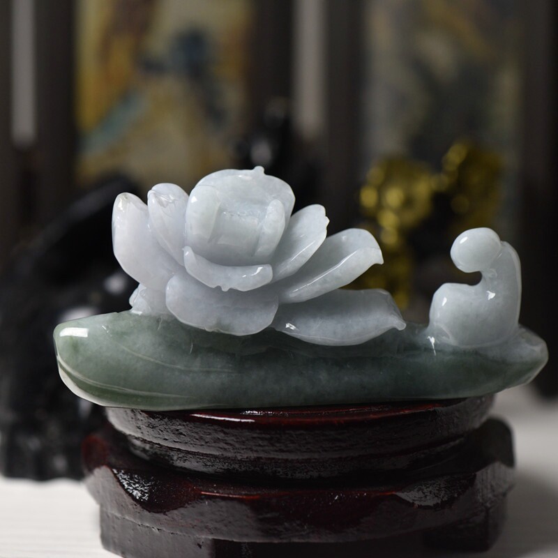 缅甸天然翡翠A货玉石莲花悟道摆件玉器客厅书桌茶宠摆件玉器带证