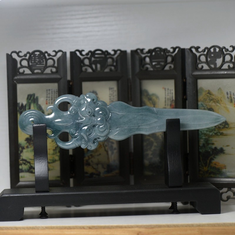 天然翡翠A货玉石宝剑摆件手玩件玉器龙头宝剑摆饰玉器带证书