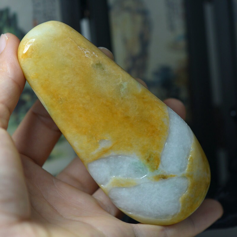 缅甸翡翠A货玉石原石把件手玩件玉器黄翡黄皮玉石带证书