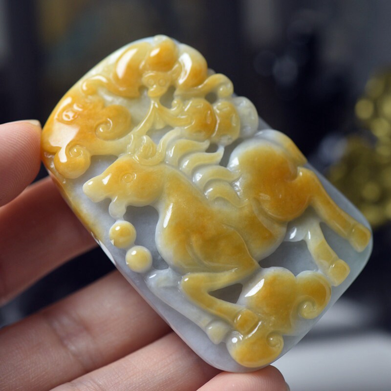 翡翠玉石黄翡玉马吊坠 缅甸玉器马上有钱玉牌玉珠宝首饰 送证书