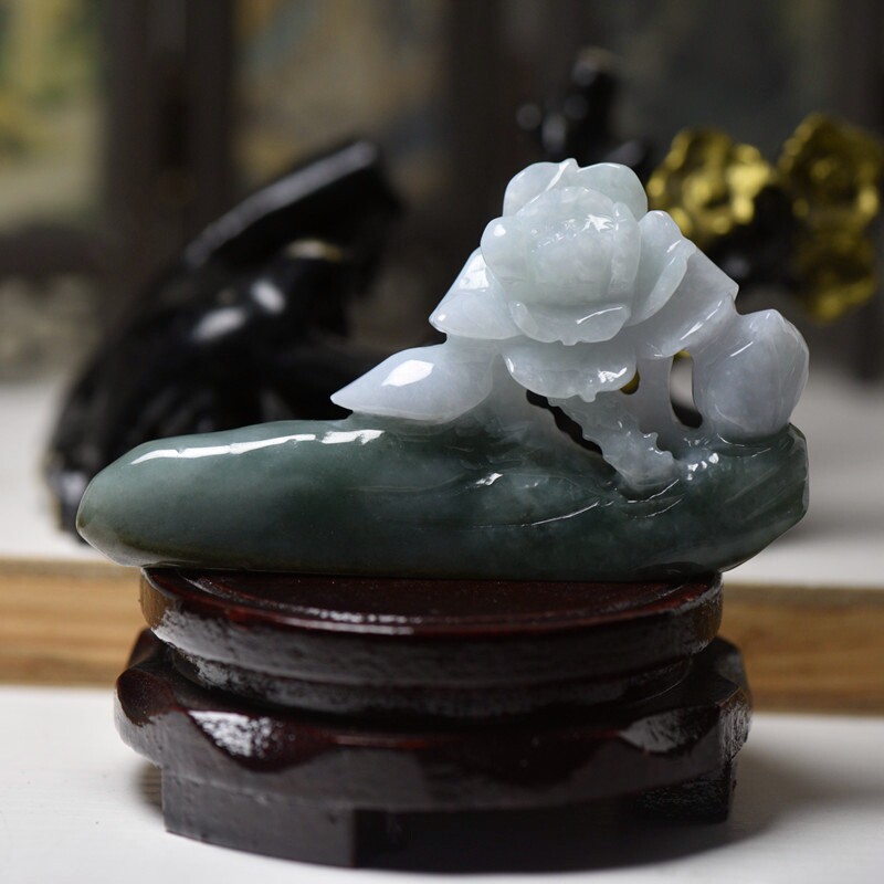 缅甸天然翡翠A货玉石莲花摆件茶宠书桌玉雕珠宝摆饰玉石带证书