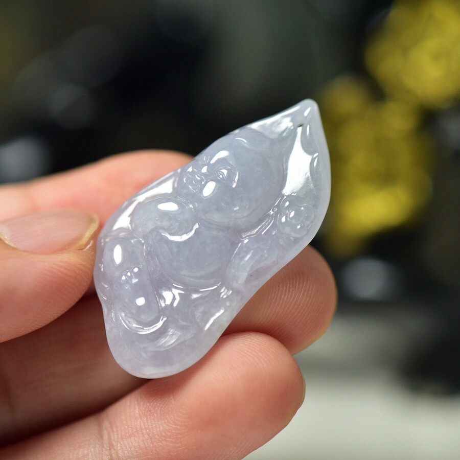 翡翠玉石小款童子牌吊坠 缅甸A货童子雕件颈饰挂件 保真送证