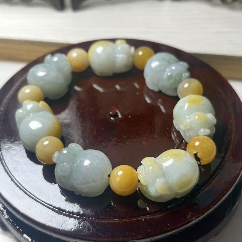 缅甸翡翠A货玉石生肖猪手链手串男女款玉石多彩手链带证书