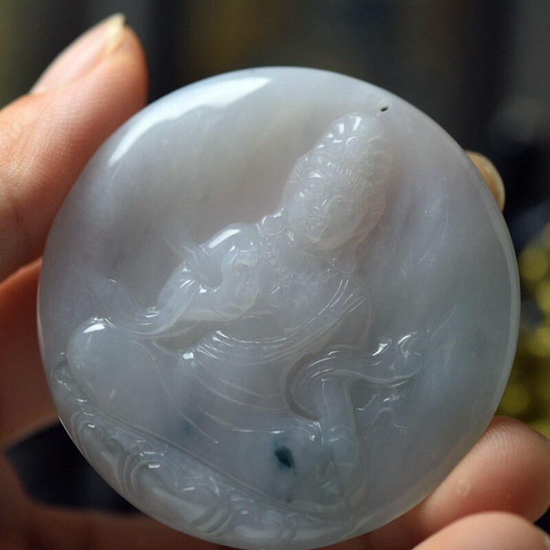 翡翠玉石飘花观牌吊坠 缅甸玉器男女款观音玉牌首饰珠宝挂件