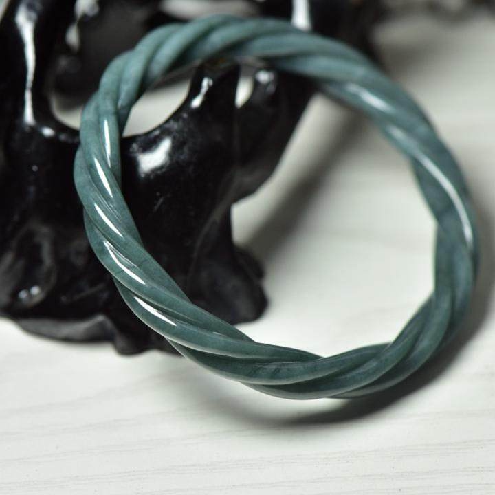 天然翡翠A货玉石麻花手镯玉镯子内径60mm、女款玉镯带证书