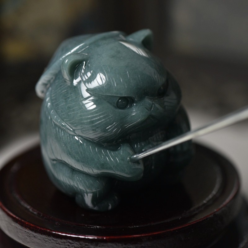 天然翡翠A货玉石小猫钓鱼摆件笑摆特色玉器工厂直销带证书