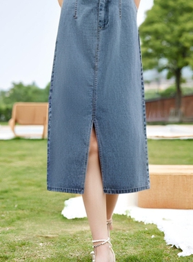 可路莎专柜242318夏季牛仔半身裙开叉中长包裙