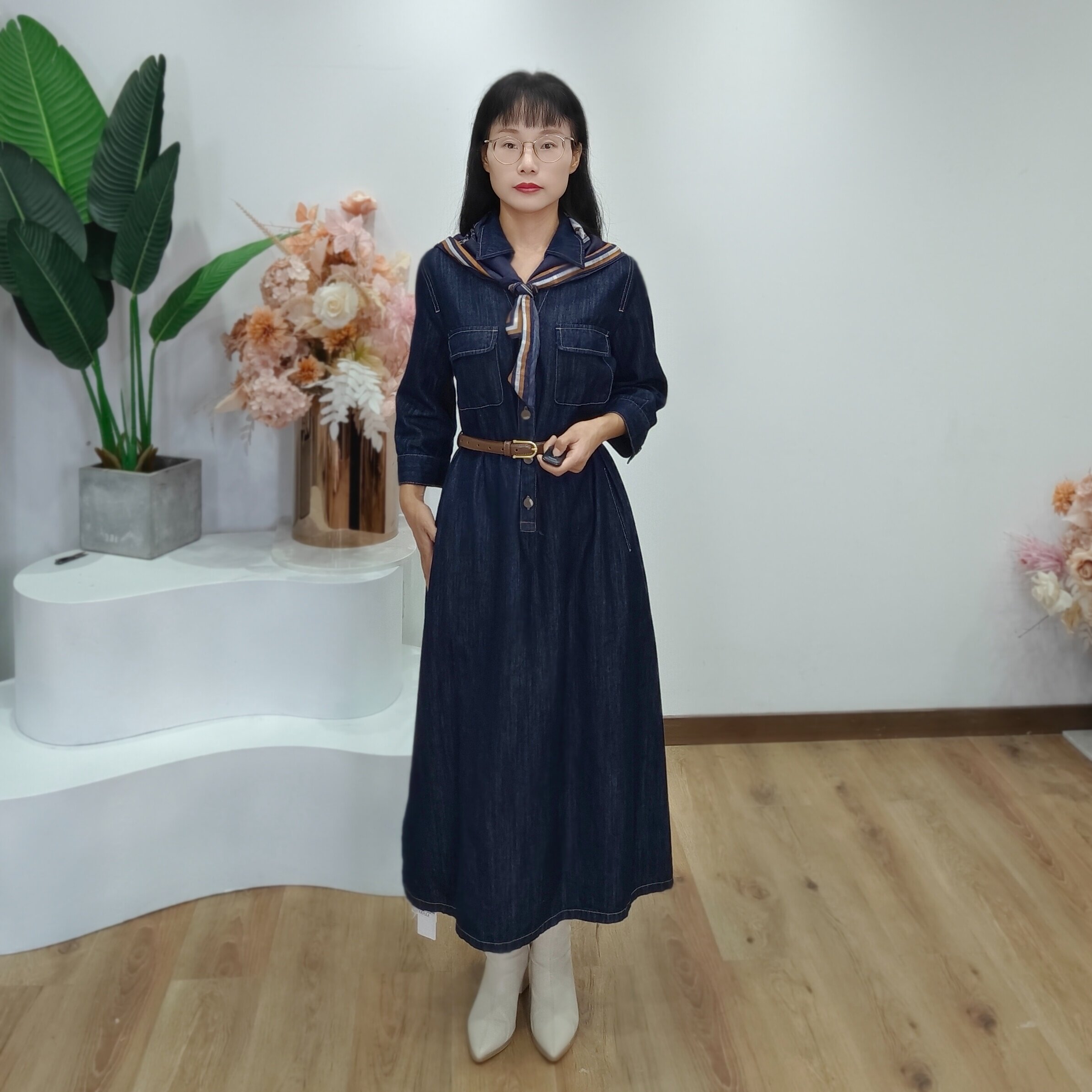 可路莎专柜251047春秋汉麻牛仔连衣裙女收腰七分袖长裙
