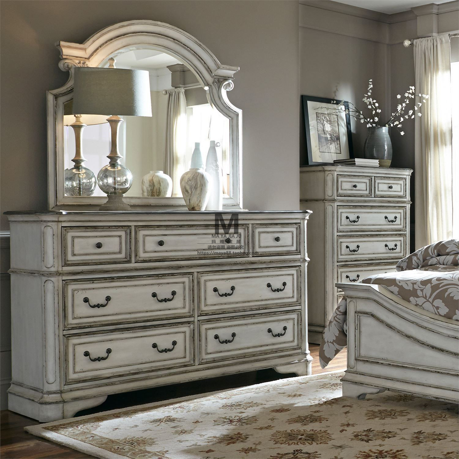 简约法式实木仿古白梳妆台美式乡村化妆桌卧室收纳储物柜门厅斗柜