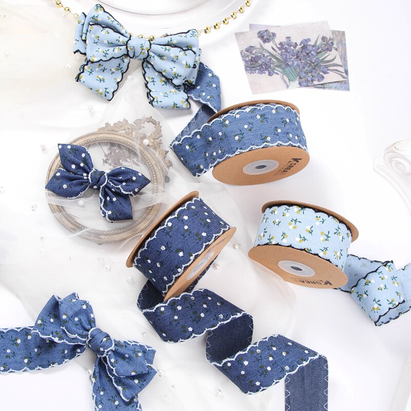 复古日系小清新芽边小单面碎花仿牛仔布带手工蝴蝶结头饰辅料丝带