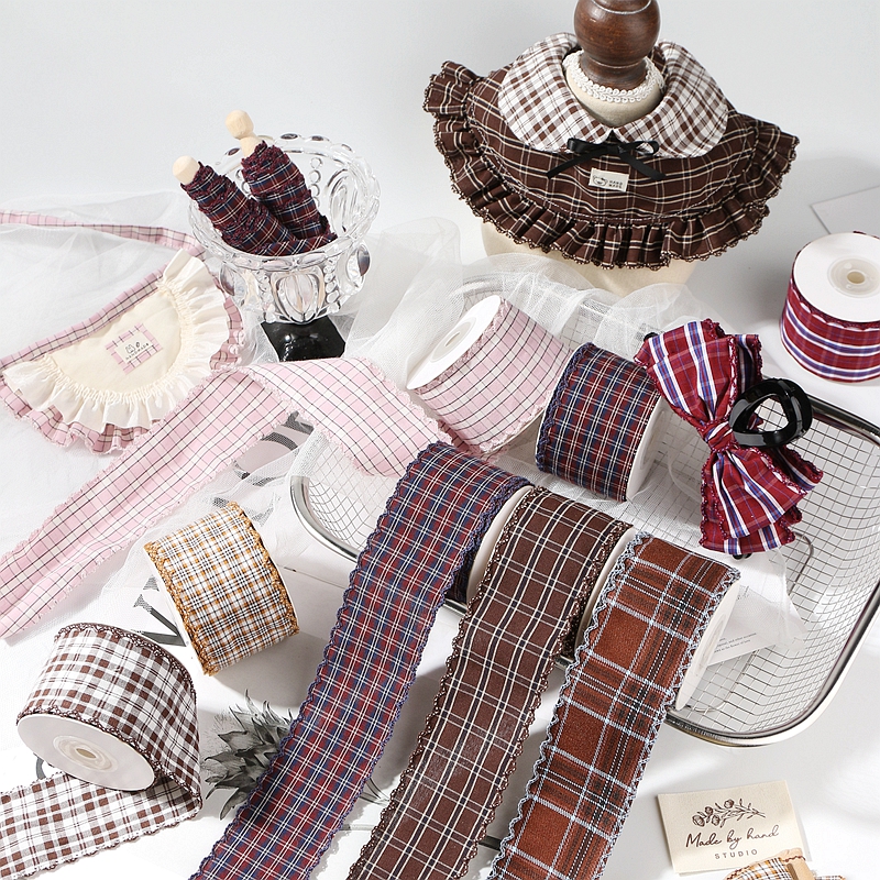 10码100码花边格子织带鲜花装饰包装带蝴蝶结DIY发饰芽边格纹带