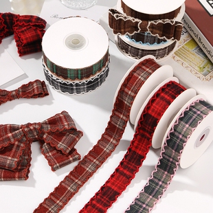 波浪边拼色格子织带彩色花边格子带辅料DIY蝴蝶结头饰材料丝带