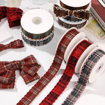 波浪边拼色格子织带彩色花边格子带辅料DIY蝴蝶结头饰材料丝带