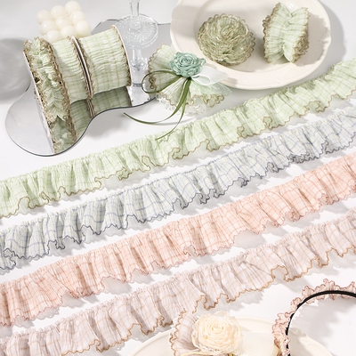 1码/3码芽边皱褶格子雪纺织带装饰裙边丝带DIY发饰蝴蝶结花边纱带