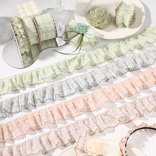 1码/3码芽边皱褶格子雪纺织带装饰裙边丝带DIY发饰蝴蝶结花边纱带