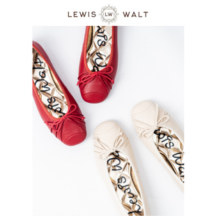Lewis 复古折皱设计蝴蝶结方头芭蕾平底单鞋 羊皮手工红鞋 Walt法式