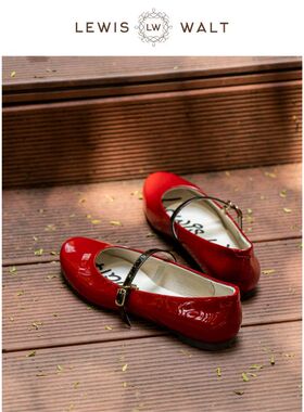 Lewis Walt复古圆头牛漆皮玛丽珍一字扣平底芭蕾法式小红鞋软底