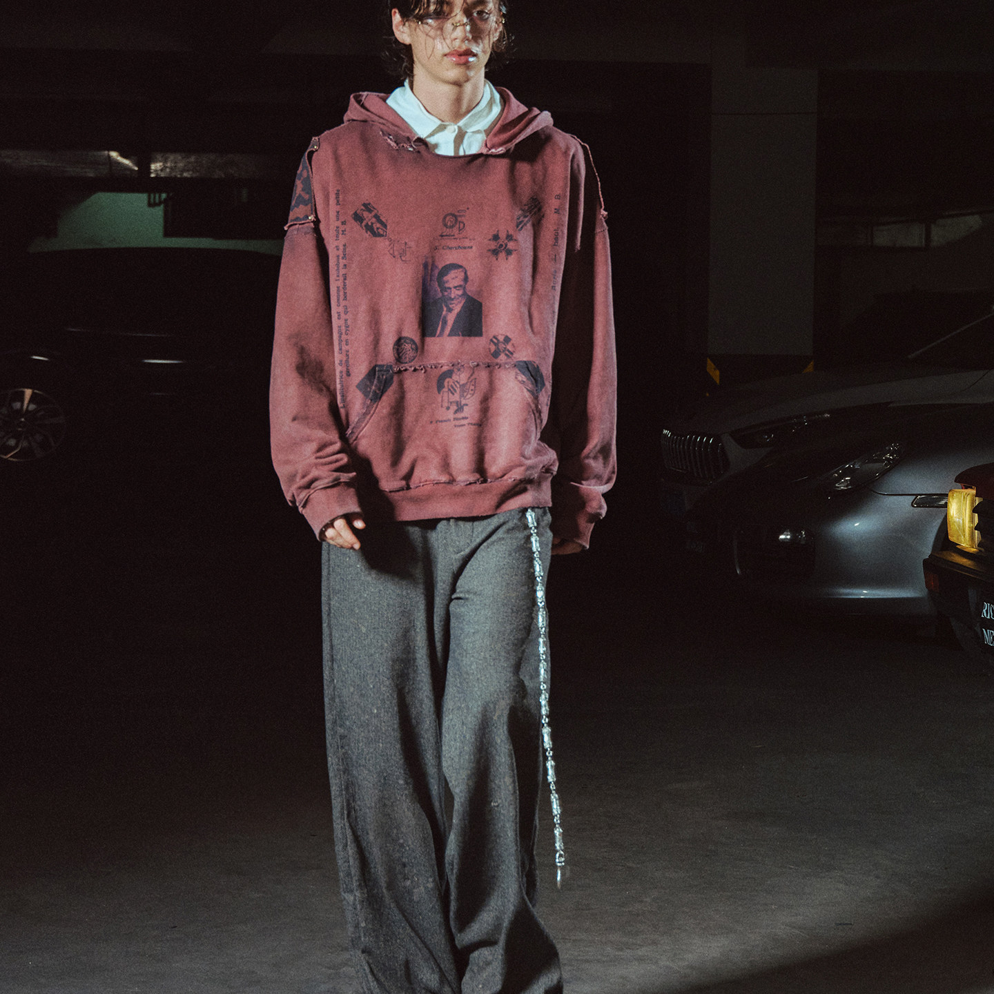 【XSPACE】RICHILL MELANCHOLY丨铆钉肩章酒红军国印花连帽卫衣