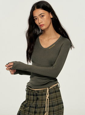 【XSPACE】Dpercent｜两色v领羊毛混纺针织长袖打底衫打底上衣