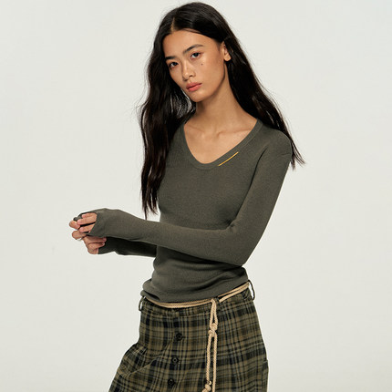 【XSPACE】Dpercent｜两色v领羊毛混纺针织长袖打底衫打底上衣