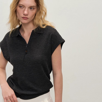 【XSPACE】Dpercent丨polo领针织短袖上衣纯色拉链上衣T恤