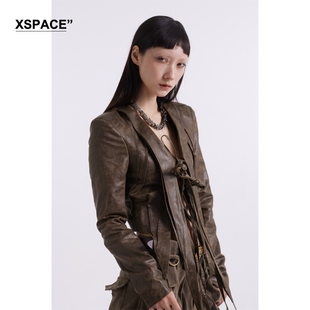 【XSPACE】DONOTDISTURB DND复古做旧皮革解构修身辣妹开衫外套