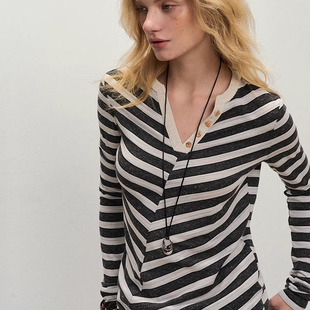 【XSPACE】Dpercent丨深灰拼接条纹polo衫修身显瘦打底长袖上衣