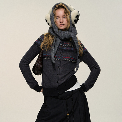 Dpercent毛领费尔岛毛衣开衫外套