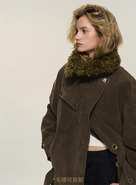 【XSPACE】Dpercent｜深栗色可拆卸毛领廓形麂皮夹克短外套